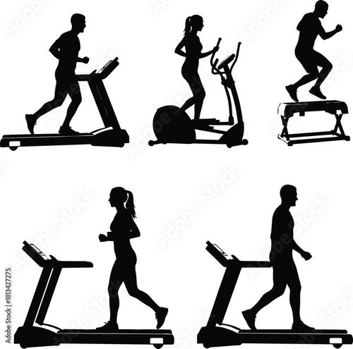 Gym workout silhouettes, treadmill exercise vector, cardio training illustration, fitness equipment graphic, black fitness icons, health activity design