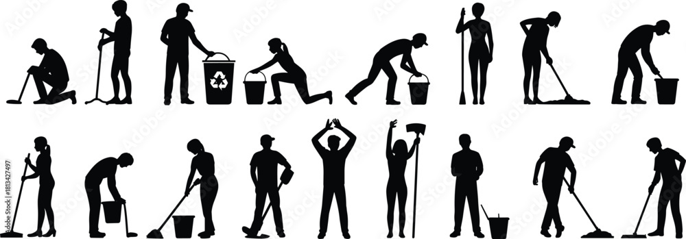 Obraz premium Silhouettes of diverse cleaning workers performing various janitorial tasks with tools, mops, buckets, recycling, sweeping actions, professional maintenance concept illustration