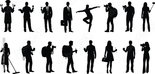 Silhouette people representing diverse professions and daily activities in various standing poses, showcasing lifestyle occupations and modern work roles for vector illustration
