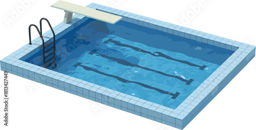 Isometric swimming pool, clear water, diving board, lane lines, pool ladder, aquatic facility, vector design, sport concept, blue tiles, top view