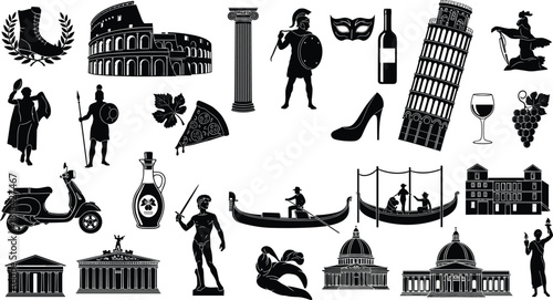 Italian culture silhouette icons, Roman architecture vector, Venice gondola graphic, pizza wine symbols, fashion and history design elements