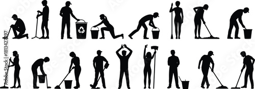 Silhouettes of diverse cleaning workers performing various janitorial tasks with tools, mops, buckets, recycling, sweeping actions, professional maintenance concept illustration
