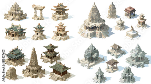 A collection of ancient temple structures with ornate roofs, stone arches, pagodas and shrines. Stylized game asset set inspired by classical Asian architecture in detailed artwork.