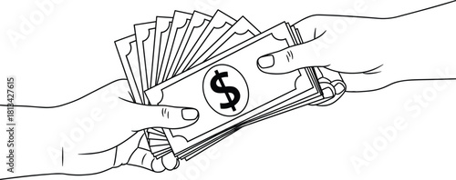 Money exchange line drawing, financial transaction sketch, black and white illustration, dollar bill transfer, payment hands vector, business deal art