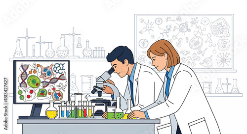 Scientists in a laboratory studying cells and DNA with microscopes and computer analysis
