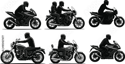 Motorcycle rider silhouettes, bike profile illustration, helmet safety vector, riding posture graphic, black motorbike icons, transportation design element