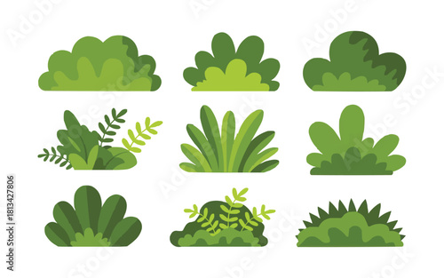 Stylized green bushes collection for landscape design, perfect for adding a touch of nature and freshness to your creative projects with these organic elements
