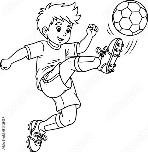Soccer kid line drawing, black and white sketch, sports activity illustration, dynamic motion vector, child kicking ball, athletic pose