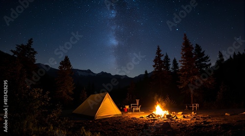Camping under the stars A tranquil scene of a tent and campfire illuminating the night sky filled with a galaxy of stars, inviting adventure