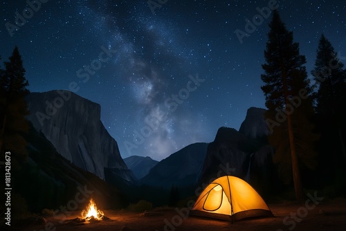 Serene Night Camping Adventure Under the Stars in Nature, Yosemite Valley, with a Campfire Illuminating the Tent and Forest, Capturing Peace