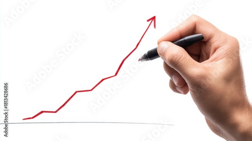 Hand drawing red growth curve arrow symbolizing economic recovery and business success with pen on white background, expressing positive financial progress and investment potential