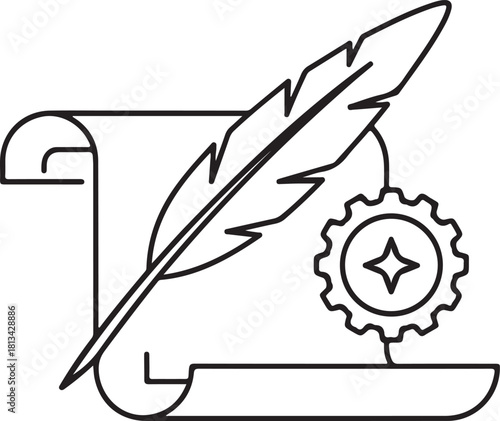 Creative writing process outline icon feather pen scroll and technical gear symbolizing literary production and historical records