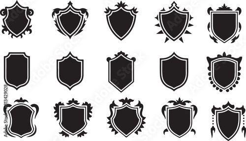 Collection of Decorative Heraldic Shields Silhouette Emblems Badges and Insignias Vector Set Ideal for Logos Mascots and Game Assets