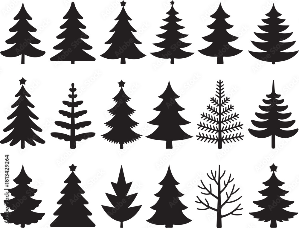 Obraz premium Collection of Various Evergreen Coniferous Trees Silhouettes Isolated on Transparent Backdrop in Vector Format for Creating Winter Designs