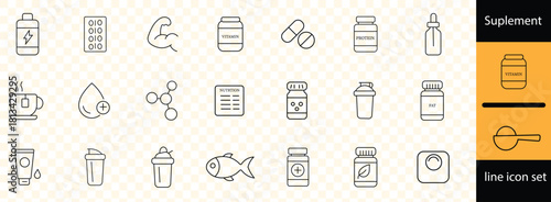Suplement line icon set. Contains icons related to Vitamins and Nutritional Supplements. Editable stroke. Vector illustration