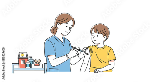 Illustration of a healthcare professional administering a vaccine to a child, promoting public health and disease prevention through immunization
