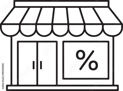 Retail shopping storefront outline icon building exterior with doors and window displaying percentage sign representing discounts and sale events