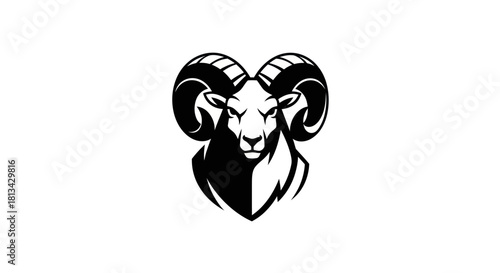Stylized ram head illustration in black and white against white background