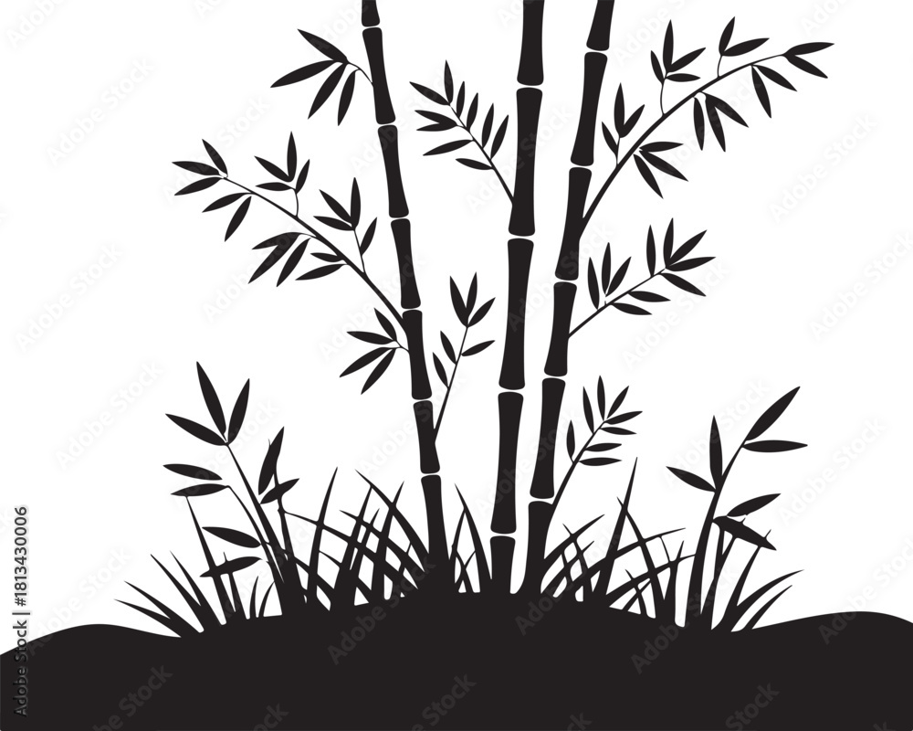 Fototapeta premium Bamboo Silhouette With Grass And Stalks Asian Plant Trunk Decoration Nature Oriental Zen Spa Forest Foliage Graphic Illustration Vector