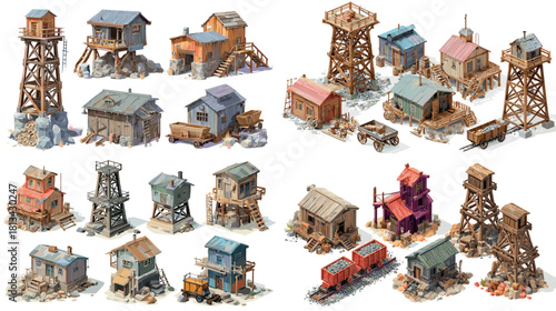 A collection of rustic mining town buildings with wooden towers, cabins, workshops and rail carts. Stylized game asset set depicting an old frontier mining settlement in detailed artwork.