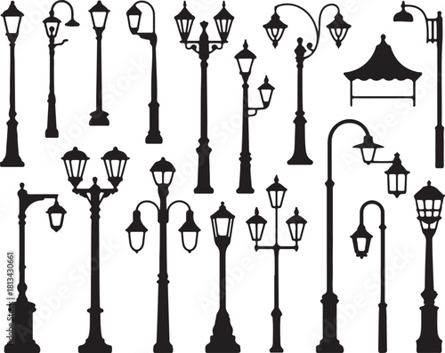 Vintage Street Light Collection Featuring Ornate Lamp Post Designs And Victorian Era Style Isolated on Transparent Background