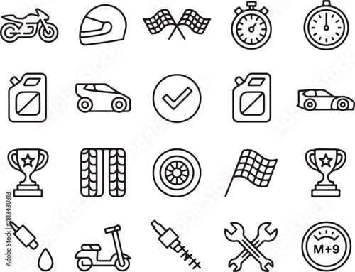 Motorsport Icons Set Featuring Racing Cars Helmets and Trophies in Outline Style Automotive Competition and Achievement Elements