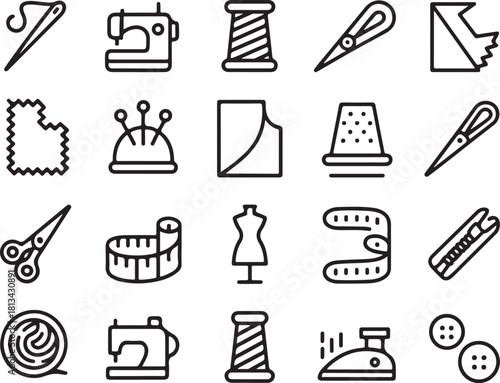 Sewing Icons Set Featuring Needle Thread and Sewing Machine in Outline Style Tailoring and Garment Creation Equipment