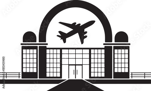 Airport icon silhouette terminal building airplane for travel concept 130 characters
