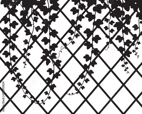 Ivy Vine Silhouette on Lattice Fence, Transparent Background, Ornamental Climbing Plant, Wall Decor Element, Garden Feature 127 Characters