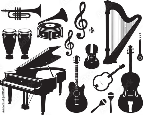 Collection of Musical Instruments in Silhouette Style Various Styles Instruments are Trumpet Piano Harp Guitar Violin Conga Drum Maraca
