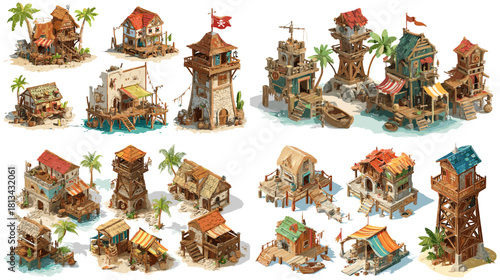 A collection of tropical island buildings with wooden houses, watchtowers, docks and palm trees. Stylized game asset set featuring coastal village structures in a detailed artistic style.