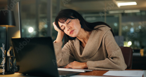 Sleep, night or woman in office with laptop, overworked or brain fog in marketing project. Nap, fatigue and creative director in agency with tech, task deadline and low energy in late shift.