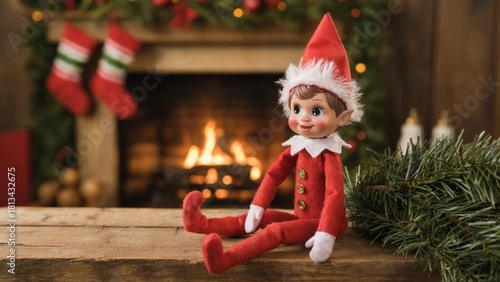 Cute christmas elf doll sitting by cozy fire, traditional christmas elf doll festive indoor décor, playful christmas elf doll holiday mantel scene