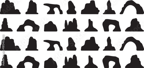 Collection of Cave Silhouette Icons Featuring Arch and Cavern Shapes Isolated on Transparent Backdrop, Vector Rock Illustration, Geological Formations