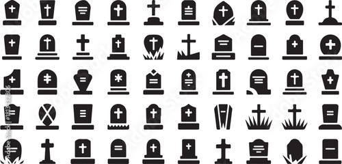 Collection of Tombstone Silhouette Icons Featuring Various Shapes and Styles on Transparent Backdrop, Funeral, RIP Sign, Grave Vector Illustration