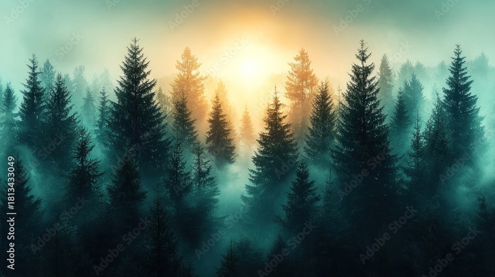 Naklejka premium Foggy coniferous forest at sunset, light glowing behind dark, silhouetted trees