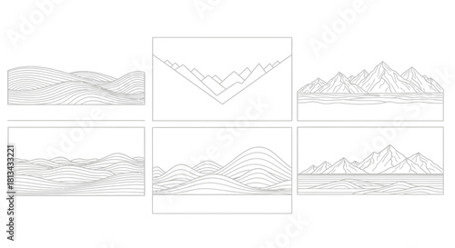 Six minimalist landscape illustrations featuring mountains and rolling hills, rendered in a line art style.