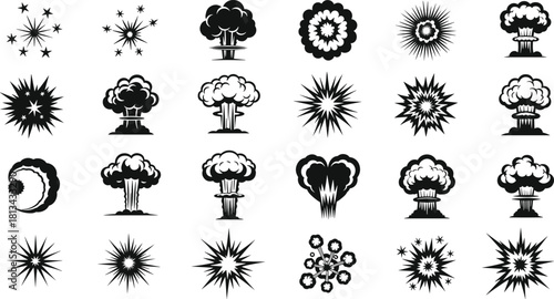 Set of black explosion icons featuring mushroom clouds, comic blasts, and fireworks, isolated vector illustration on white background for danger symbol or war design.