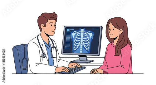 Doctor Consults Patient Showing X-ray Scan of Rib Cage on Computer Screen in Medical Office