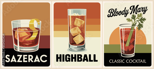 Vintage-style cocktail poster set featuring Sazerac, Highball, and Bloody Mary with retro colors, minimalist design, bold typography, and classic American cocktail illustrations