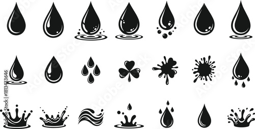 Set of black water drop icons featuring rain droplets, oil splashes, and liquid ripples isolated on white background for nature logo design.