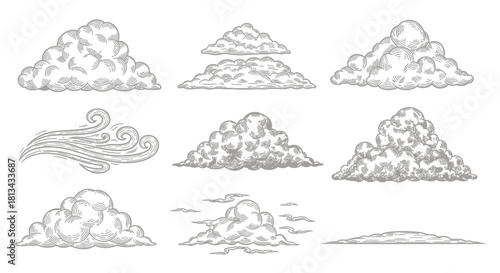 Hand-drawn illustration of various cloud formations and wind, depicted in a sketchy, vintage style.