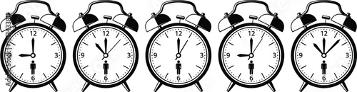 Set of five classic black alarm clock vector illustrations showing various times, isolated on white background for time management or schedule design.