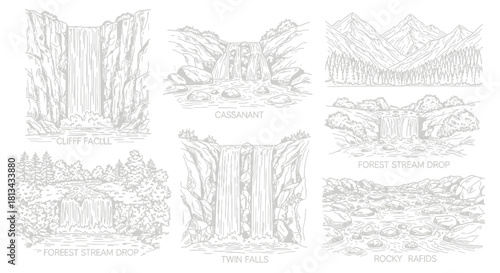 A collection of six detailed line drawings depicting various natural landscapes including waterfalls, mountains, forests, and rocky rivers.