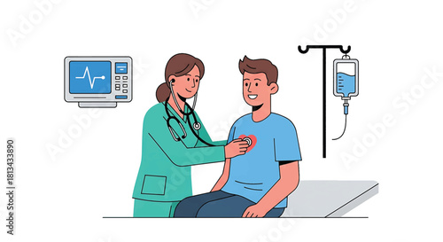 Doctor examining a male patient with a stethoscope while an IV drip and EKG machine are in the background, representing healthcare and medical examination