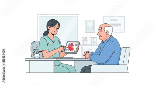Doctor showing a heart anatomy on a tablet to an elderly patient during a medical consultation