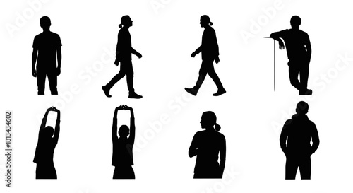 Silhouetted figures in various poses, depicting walking, stretching, and standing.