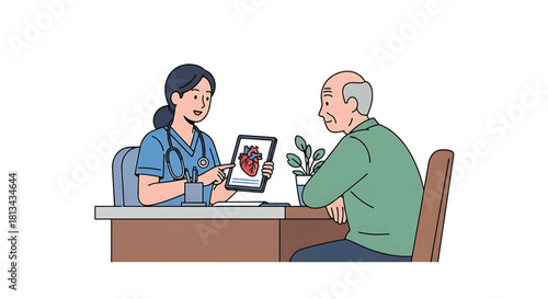 Doctor shows elderly man a digital image of a heart on a tablet during a medical consultation, discussing health