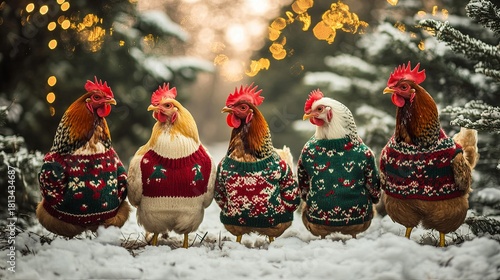Ugly sweater contest featuring chickens in custom holiday knits .
