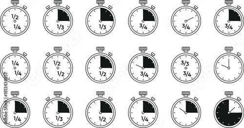 Vector collection of stopwatch timer icons displaying various fractions and time segments like quarter and half, isolated on white background for math education.